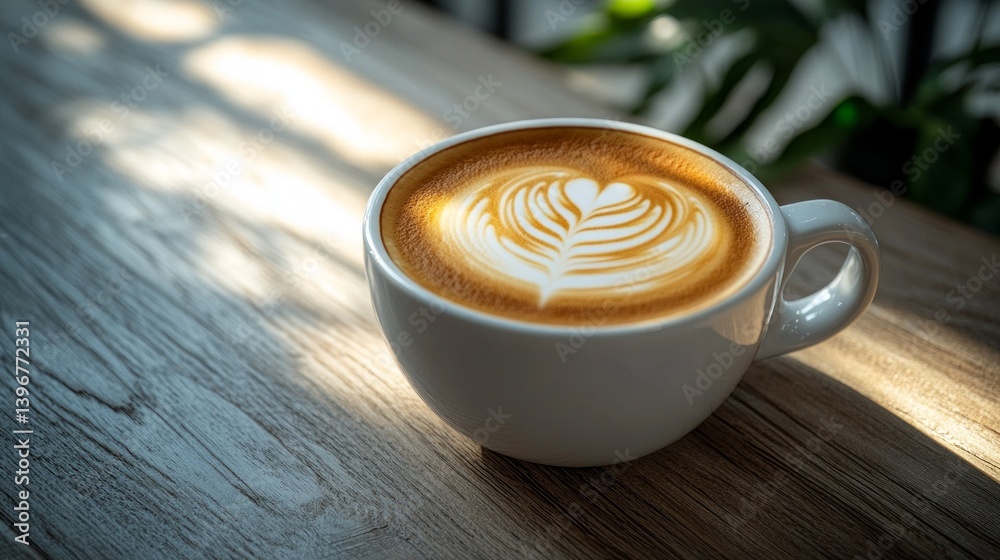 Aufkleber a warm cup of coffee sits on a rustic wooden table, adorned with beautiful latte art. sunlight strea