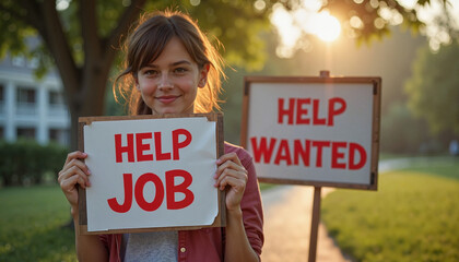 Smiling woman holding help wanted signs in sunny park  
