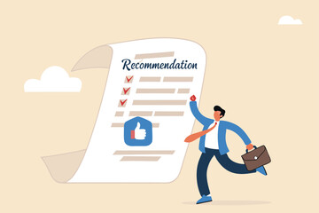 Recommendation letter, appreciation document for apply new job, experience or qualification guarantee, education reward concept, happy businessman with recommendation letter in email envelope.