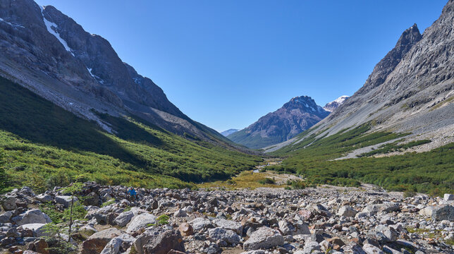 Landscape in the hiking trail Torres del Avellano, among mountains, forests and rivers of the wild nature in Chilean Patagonia. Tourism along the road 7 Carretera Austral in Chile.