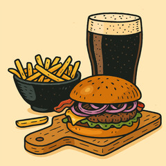 Cartoon Burger Fries and Dark Drink on a Wooden Board Illustration