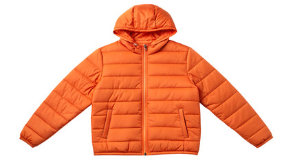 Orange puffer jacket with hood isolated on transparent background