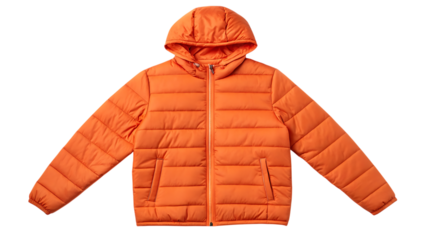 Orange puffer jacket with hood isolated on transparent background