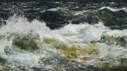 Turbulent Ocean Waves Crashing Against Rocks Under a Stormy Sky, Capturing Nature's Power and Beauty