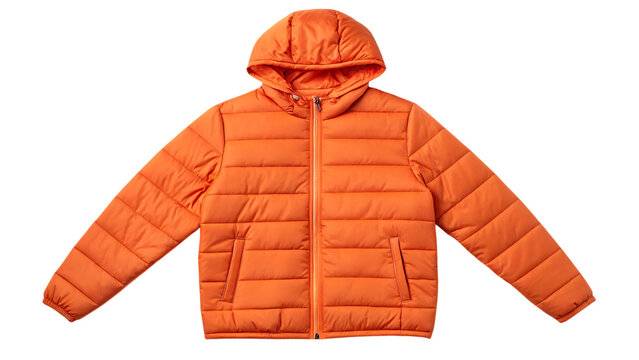 Orange puffer jacket with hood isolated on transparent background