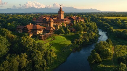 Naklejka premium Ancient castle nestled in lush forest by a river, panoramic view