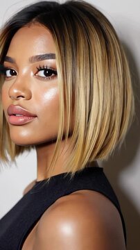 Elegant woman with highlighted bob hairstyle gazing alluringly at the camera showing her glamourous makeup and beautiful shiny skin.