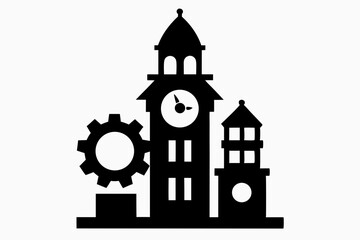 clock tower with gears silhouette vector illustration