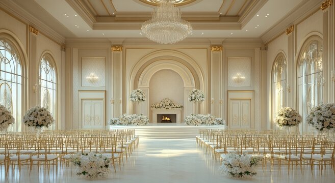 A grand wedding ceremony hall adorned with elegant floral arrangements.