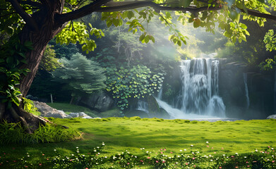 Serene waterfall in lush green forest