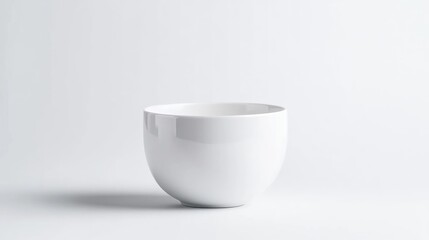 A white ceramic bowl standing alone on a clean white surface, minimalist composition with soft lighting, and empty space for design concepts.