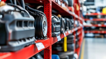 Close-up of neatly organized automotive parts on red shelving in a well-lit workshop environment