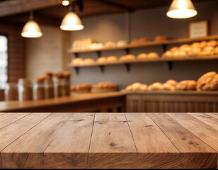Fototapeta premium Wooden board empty table background. abstract blurred bakery shop background