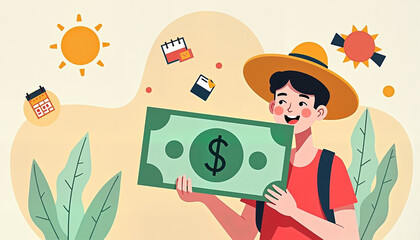 Smiling young man holding money against colorful summer background
