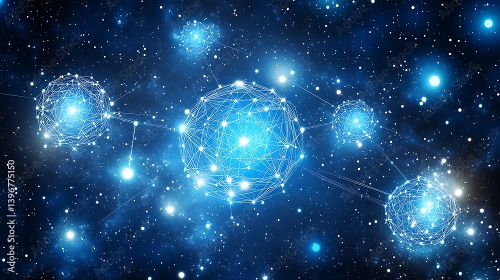 Poster abstract representation of interconnected nodes in a cosmic space, illustrating digital networks and