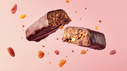 protein bar broken in half levitation. crunchy granola bar floating in mid-air with scattered oat flakes and nuts. Healthy snack muesli bar with chocolate flying on pink background. cereal bar snack