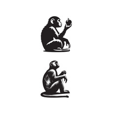 Monkey Sitting Silhouette Set – Vector Black and White Vector Monkey Poses – Black and White Silhouettes Sitting Monkey Silhouettes – Minimal Vector Art