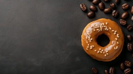 A delicious donut features a smooth espresso glaze, garnished with nuts, elegantly placed among scattered coffee beans on a rich, dark backdrop