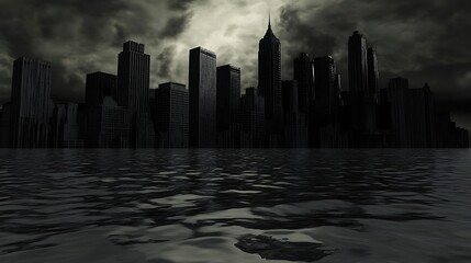 Fototapeta premium Dark and moody city skyline reflecting in water, with stormy clouds looming overhead at dusk