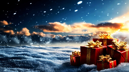 Many big red Christmas gift boxes with wonderful winter scenery during Christmas time.