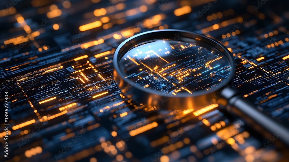 Aufkleber magnifying glass focusing on intricate digital data patterns with glowing elements in a tech environ