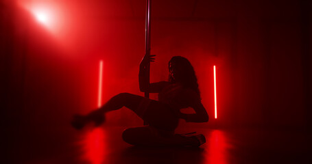 Woman, night or dancer with pole for party, tease performance or sexy movement in club. Silhouette,...