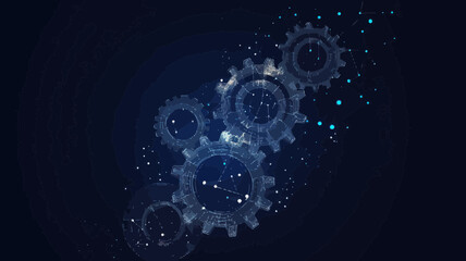 Low Poly Mechanical Gears with Starry Sky Background - Futuristic Technology Engineering Concept Vector Illustration