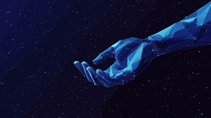 Naklejka premium Futuristic Polygonal Robot and Human Hand Interaction in Space - Low Poly Blue Tech Concept Illustration for Technology and Health Integration