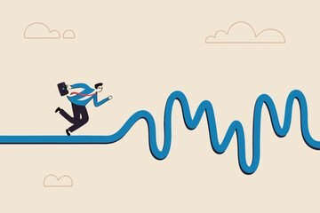 Rough road ahead, obstacle or tough situation to overcome, risk and uncertain, difficulty or problem solving, journey or effort to success concept, businessman run to new challenge rough road ahead.