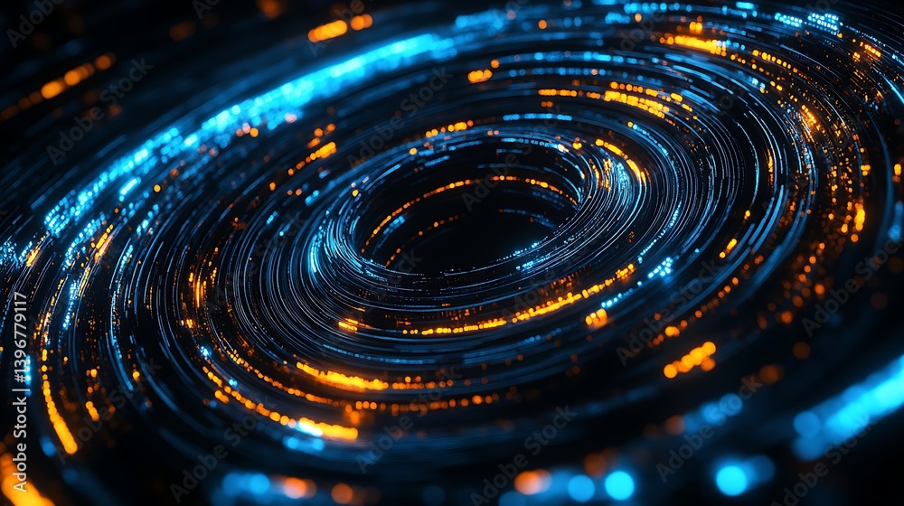 Poster abstract swirling vortex of blue and orange light particles, creating a dynamic visual effect