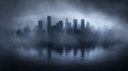 Obraz premium Dark and Mysterious City Skyline Reflected in Water with Fog Rolling In at Dusk