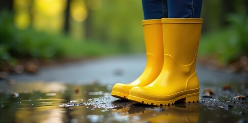 Sunshine-yellow rubber boots, robust tread, ready for downpour, puddles, fall