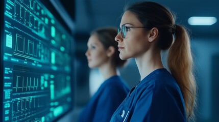 Two focused medical professionals analyze complex data on high-tech screens in a modern laboratory environment