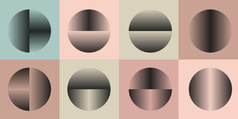 Modern artistic layout set with semicircle design elements . Many lines form half circles in art style . Wall art , home poster design . Vector abstract shape. Modern art . Contemporary composition . 