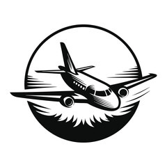 Monochrome Jet Airplane Flying Silhouette with Stylish Circle Background