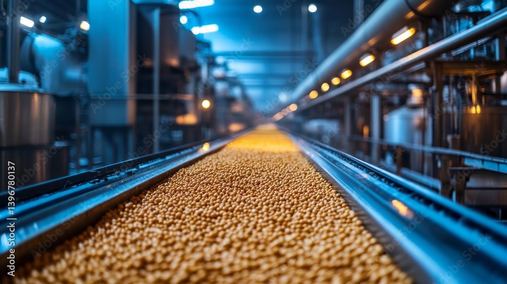 Poster amidst the twilight, a state-of-the-art soybean processing plant buzzes with activity. conveyors tra