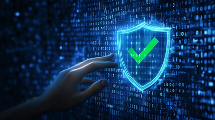 Digital Security Glowing Shield with Green Checkmark