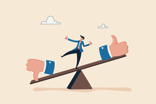 Demerit and merit evaluation, advantage and disadvantage in comparison, performance assessment, manager evaluation, judgment concept, businessman balance on seesaw with thumb up and thumb down.