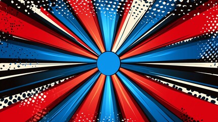 Fototapeta premium Vibrant and dynamic abstract design featuring bold red, blue, and white rays emanating from a central point. Ideal for backgrounds, posters, and creative projects.