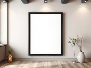 A sleek black frame showcasing a modern wall art mockup in a stylish room setting, mockup, perspective, artwork