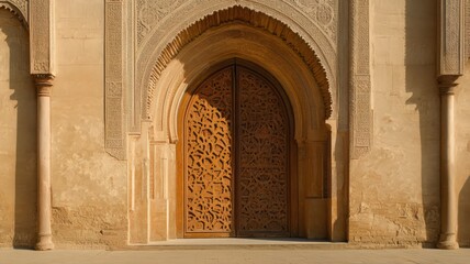 Obraz premium Intricately Carved Wooden Door Within Ornate Stone Archway Featuring Detailed Patterns and Texture in Natural Light and Beige Tones Architectural Marvel