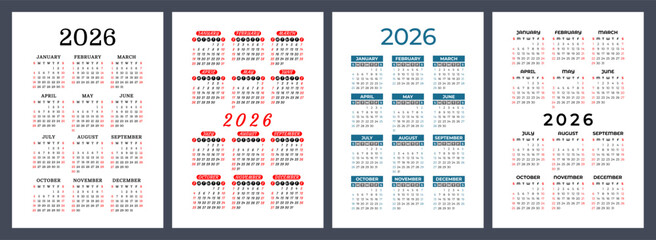 2026 year calendar set. Color vector pocket calender design. Week starts on Sunday. January, February, March, April, May, June, July, August, September, October, November, December