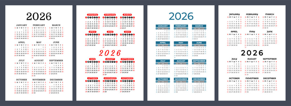 2026 year calendar set. Color vector pocket calender design. Week starts on Sunday. January, February, March, April, May, June, July, August, September, October, November, December