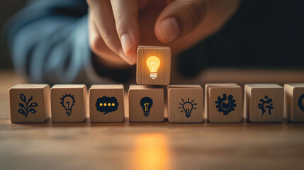 Conceptual Idea Hand Placing Light Bulb Among Block