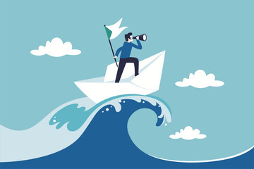 Vision to see opportunity, leadership to lead to success, search for challenge, look for goal, strategy to win business concept, businessman leader look through binocular on the ship in storm ocean.