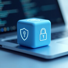 Cybersecurity Cube on Keyboard: Symbol of Digital Protection. Computer security concept. Blue padlock on a computer keyboard