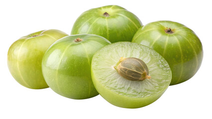 Closeup of Fresh Green Amla Fruits Indian Gooseberries Isolated on Trensprent Background