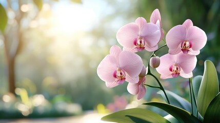 Fototapeta na wymiar Pale lavender orchids with detailed veins on their petals, nestled among deep green leaves, warmed by the gentle afternoon rays. A tranquil garden, full of fragile beauty.