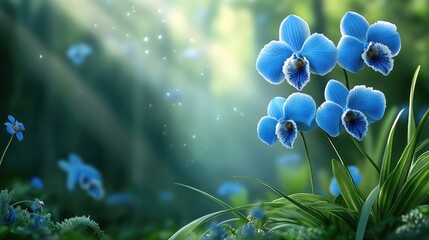 Royal blue orchids with delicate white edges on their petals, flourishing amidst the dense green foliage, kissed by scattered sunlight. Hidden sanctuary, captivating allure.