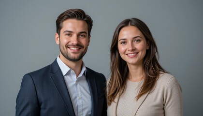 Smiling Man And Woman In Professional Attire Against Gray Studio